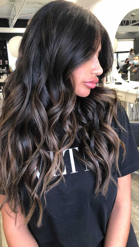 Long Black Hair With Balayage, Halo Balayage Brunette, Black Box Dye To Balayage, Cool Toned Balayage On Dark Hair, Black Box Dye Transformation, Hair Colour On Black Hair, Warm Brown Balayage On Black Hair, Box Dye Hair Color, Balyage Long Hair