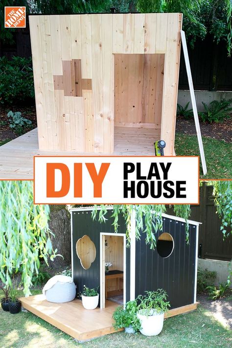 Outside Play House Diy, Diy Wooden Fort Playhouse Plans, Simple Diy Playhouse Outdoor, Diy Play Structure For Kids, Playhouse Village Backyards, Backyard Clubhouse Kids, Diy Outside Playhouse, Easy Outdoor Playhouse, Diy Play Houses