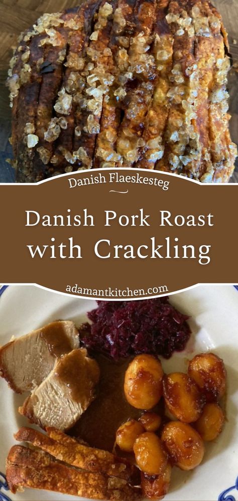 homemade danish flaeskesteg on a plate with brown potatoes and rödkål Roast Recipes In Oven, Danish Food Recipes, Pork Roast In The Oven, Roast Pork Dinner, Denmark Food, Danish Recipes, Danish Cuisine, Roast In The Oven, Nordic Recipe