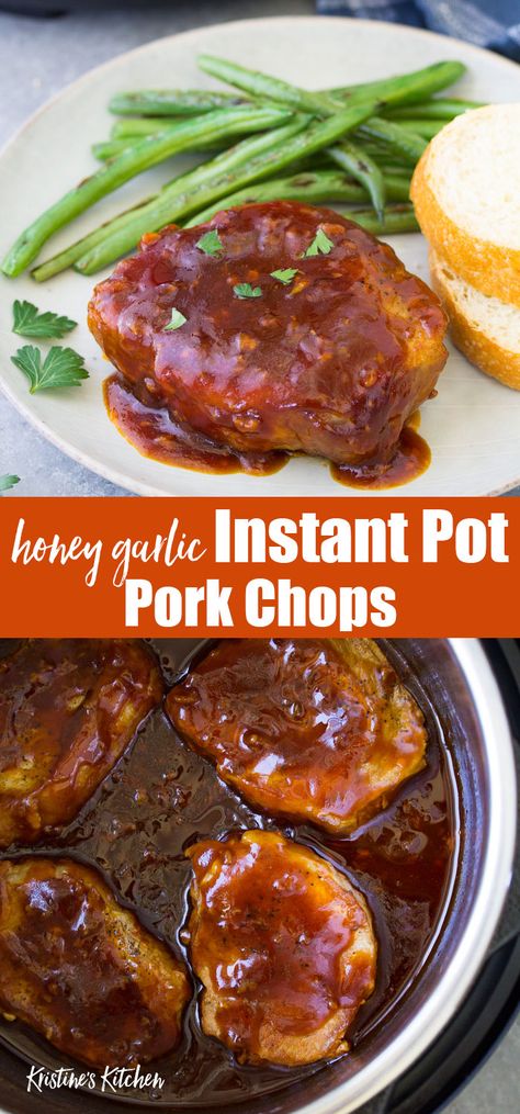 The BEST Instant Pot Pork Chops, so tender and smothered with a flavorful honey garlic sauce! Cook from fresh or frozen, using bone-in or boneless pork chops. Serve with rice or potatoes and a vegetable for a quick and easy meal! One of our favorite easy pressure cooker recipes, the perfect simple recipe for fast weeknight dinners! #instantpot #pork #porkchops #instantpotrecipes Pressure Cooker Pork Chops, Pork Loin Chops Recipes, Pressure Cooker Pork, Boneless Pork Chop Recipes, Instant Pot Pork Chops, Pork Chop Recipes Crockpot, Honey Garlic Pork Chops, Bbq Pork Chops, Easy Pressure Cooker Recipes