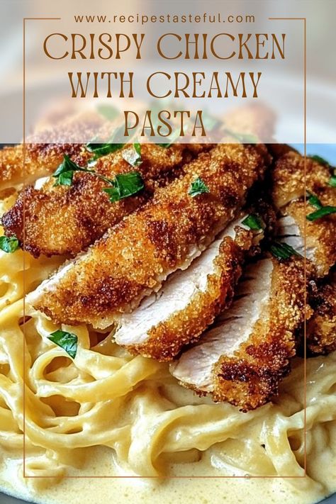 This Crispy Chicken with Creamy Pasta is a match made in heaven! Juicy, crispy chicken paired with a rich, creamy pasta sauce is the ultimate comfort food. Perfect for a family dinner or when you’re craving something indulgent and satisfying. Crispy Chicken For Pasta, Crispy Chicken With Pasta, Crispy Chicken And Pasta, Chicken Cutlets With Pasta, Crispy Chicken With Creamy Pasta, Crispy Chicken Meal Ideas, Crispy Chicken Pasta, Fried Chicken Pasta, Pasta With Crispy Chicken