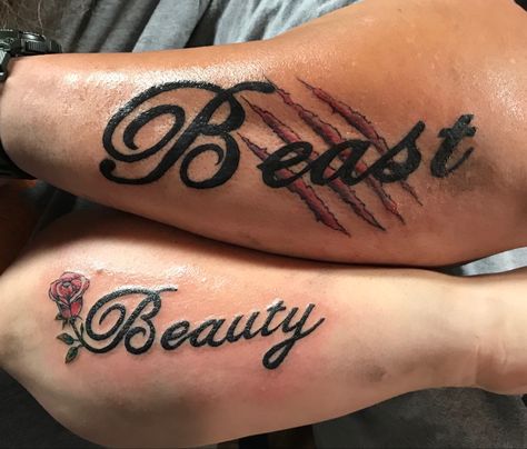 Tattoo Ideas For Best Friends Men, Beast Tattoo Men, Beauty And The Beast Tattoo Couples, Beast Tattoo, Partner Tattoos Couples, Matching Tattoos Couples Meaningful, Tattoo Ideas For Couples, Beauty And Beast Tattoo, His And Her Tattoo Ideas