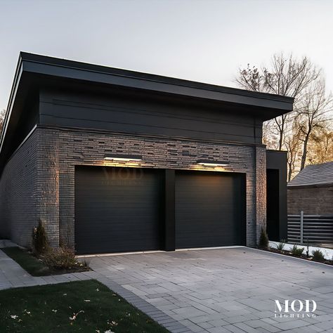 Brook Black House Exterior Lighting, Black House Ideas Exterior Paint, Lights Above Garage Doors, Garage Door Lights Exterior, Garage Exterior Lights, All Black House Exterior, Dark Exterior House Colors, Garage Lights Exterior, All Black House