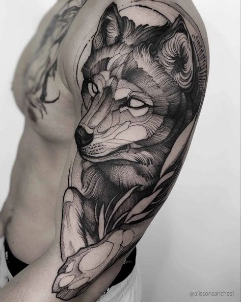 Howling Wolf Tattoo, Wolf Sleeve, Geometric Wolf Tattoo, Mangas Tattoo, Shoulder Sleeve Tattoos, Wolf Tattoos Men, Wolf Tattoo Sleeve, Blackwork Tattoos, Mens Shoulder Tattoo