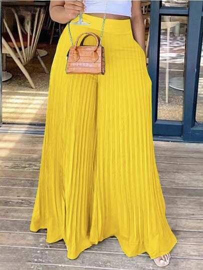 High Waist Wide Leg Trousers, Plus Zise, Mode Kimono, Pleated Maxi Skirt, Stretchy Pants, Plus Size Pants, Elastic Waist Pants, Yellow Fashion, Fashion Pattern