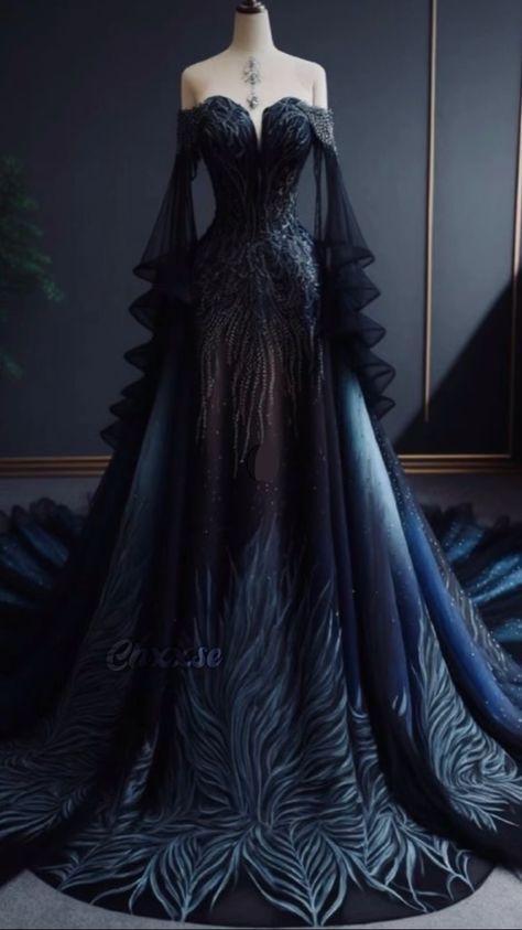 Light Formal Dress, Blue Vampire Outfit, Fantasy Gowns Warriors Dragon, Night Court Gown, Fantasy Dresses Aesthetic, Black Princess Dress Fairytale, Dark Forest Wedding Dress, Evil Princess Dress, Night Court Outfit