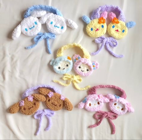 Kawaii Crochet Accessories, Sanrio Tapestry Crochet, Crochet Kawaii Bag, Cute Crochet Earmuffs, Gyaru Crochet, Cutecore Crochet, Sanrio Crochet Pattern, Cute Crochet Accessories, Earmuffs Crochet