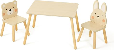 Amazon.com: OOOK Kids Wood Table and Chair Set - Including 2 Animal Chairs - Waterproof Desktop - Adorable Toddler Table Chairs Set for Eating, Snack Time and Play Games : Home & Kitchen Kid Table And Chairs, Kids Table And Chair Sets, Animal Table, Animal Chair, Kids Playroom Furniture, Toddler Table And Chairs, Toddler Playroom, Toddler Table, Kids Chair