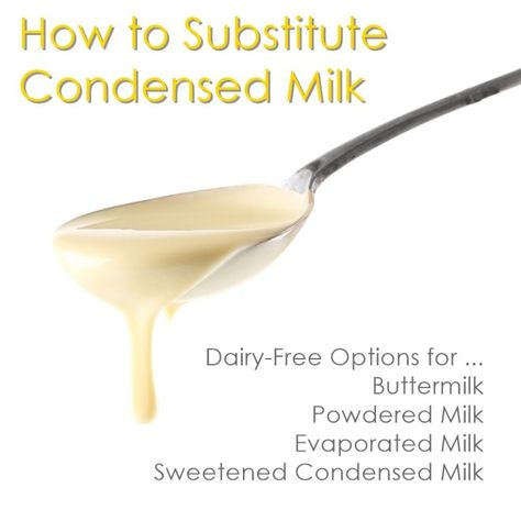 How to Substitute Condensed Milk: Dairy-Free Options for Buttermilk, Powdered Milk, Evaporated Milk, and Sweetened Condensed Milk Condensed Milk Substitute, Milk Substitute For Baking, Evaporated Milk Substitute, Go Dairy Free, Milk Substitute, Dairy Free Baking, Lactose Intolerance, Cooking Substitutions, Dairy Free Alternatives