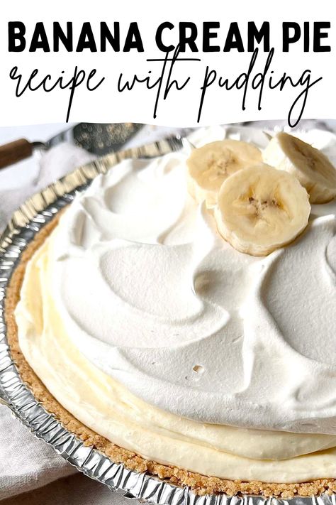 This easy no bake banana pudding pie with vanilla pudding is creamy, fluffy, and full of banana flavor! Each bite is decadent and smooth and will fill you with joy! Save this recipe for later! Banana Cool Whip Pie, Banana Pudding Pie Nilla Wafer, No Bake Banana Pudding Pie, Banana Pudding Cool Whip Recipe, Banana Cream Pie Recipe With Pudding And Cool Whip, Desserts With Vanilla Pudding Mix Easy Recipes, Banana Cream Pie With Vanilla Pudding, Cook And Serve Vanilla Pudding Recipes, Cream Pie Recipes No Bake