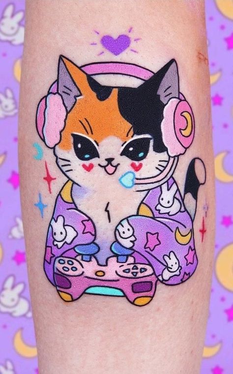 Full Body Cat Tattoo, Kawaii Tattoo Sleeve, Kawaii Tattoo Ideas, Kawaii Tattoos, Kitten Tattoo, Cat Tattoo Ideas, Gamer Tattoos, Bright Tattoos, Kawaii Tattoo