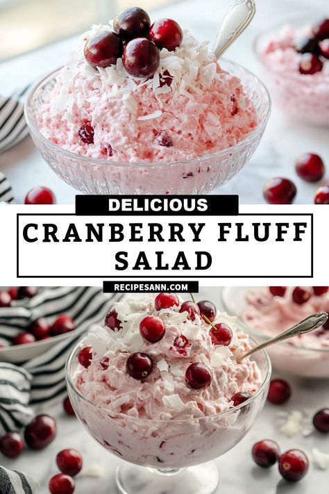 I can't get enough of this delightful Cranberry Fluff Salad! It's the perfect balance of sweet and creamy, with bursts of tartness from the cranberries. This recipe is super easy to whip up and makes a gorgeous addition to any holiday table. Topped with fluffy coconut and fresh cranberries, it not only tastes amazing but looks stunning too! Enjoy it as a side dish or a dessert—either way, it's sure to impress your guests! Cranberry Salad With Cool Whip, Christmas Cranberry Salad, Cranberry Fluff Salad Cool Whip, Fresh Cranberry Salad Recipes, Cranberry Salad Recipes With Jello, Cranberry Whip, Easy Cranberry Salad, Fresh Cranberry Salad, Cranberry Fluff Salad