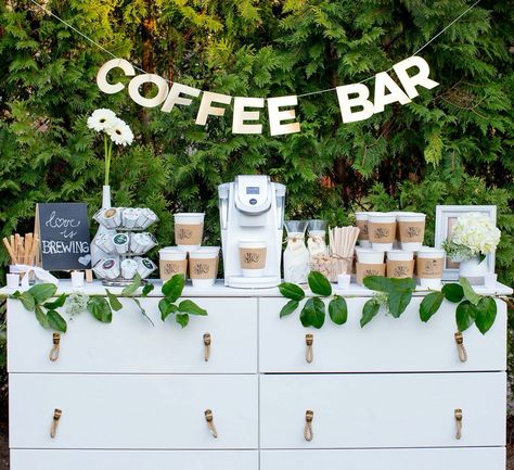 Morning Brunch Type-of-Party Bridal Shower Coffee Bar Drink Stations, Brunch Wedding Ideas Decor, Coffee Bar Ideas For Grad Party, Coffee Bar Birthday Party Ideas, Engagement Party Coffee Bar, Bridal Shower Brunch Coffee Bar, Classy Brunch Decor, Coffee Bar Birthday Party, Graduation Coffee Bar Party Ideas