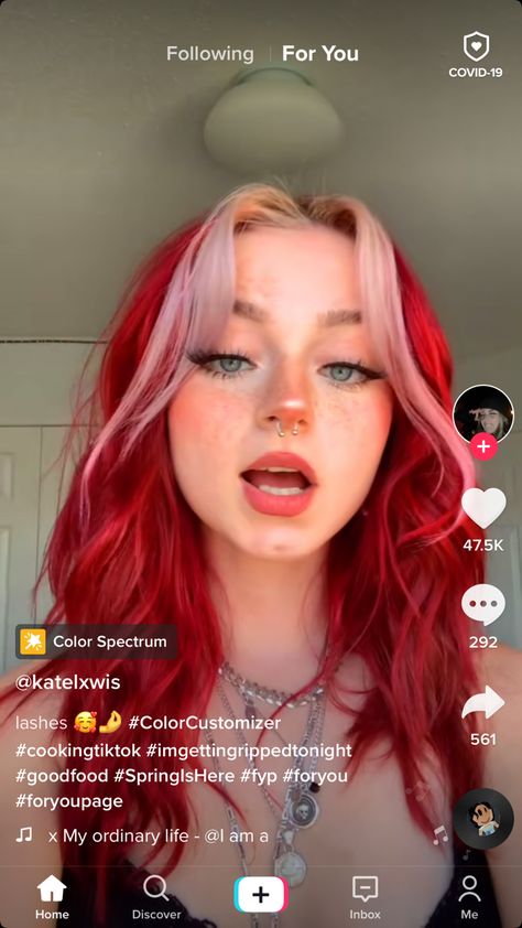 Hair Color Ideas Tiktok, Red And Pink Halo Hair, Bright Red Hair With Money Piece, Strawberry Pink Hair Color, Red Hair With Pink Front Pieces, Red And White Hair Aesthetic, Blonde And Magenta Hair, Mitsuri Kanroji Hair Dye, Fun Fashion Color Hair