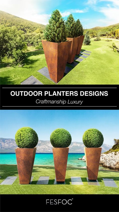 Tall Planters, outdoor planters, tall outdoor planters, steel planters Outdoor Planter Designs, Modern Outdoor Planters, Modern Planters Outdoor, Outdoor Planter Boxes, Corten Steel Planters, Outdoor Garden Planters, Outdoor Aesthetic, Home Entrance, Steel Planters