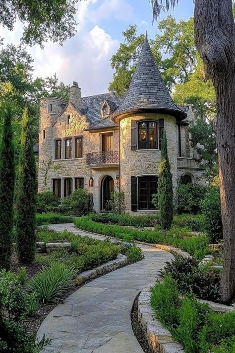 Dream Cottages & Gardens | Majestic Turreted Stone Sanctuary.. | Facebook Turret House Plans, Cylinder House, Houses With Towers, House With Tower, Cottage Castle, Whimsical Architecture, Gothic Castles, Turret Room, Turret House