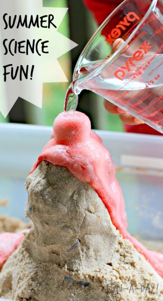 Create a "sand volcano" as part of a fun science activity this summer #SummerActivities #PreschoolActivities #FunADay #ScienceforKids Sand Volcano, Thema Dino, Hawaiian Crafts, Summer Science, Aloha Summer, Science Activity, Luau Theme, Science Activities For Kids, Preschool Science