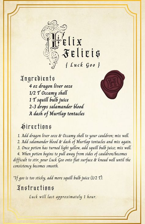 Harry Potter Potions Felix Felicis, Harry Potter Felix Felicis Recipe, All Harry Potter Potions List, Harry Potter Potion Book Pages, Harry Potter Potion Ingredients List, Potion Ingredients Harry Potter, Amortentia Potion Recipe, Potions Recipes Harry Potter, Potions Book Harry Potter