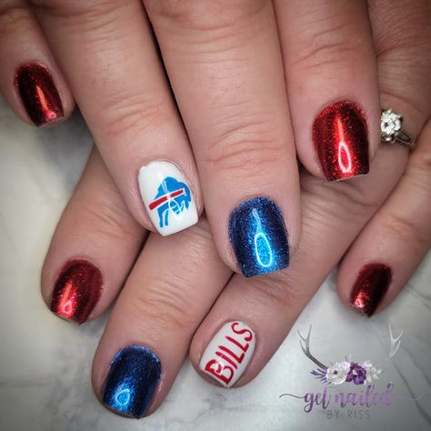 Buffalo Bills Nails Design, Bills Nails, British Flag Nails, Buffalo Bills Nails, Football Nails, Flag Nails, Gel Paint, Buffalo Bills Football, Bills Football