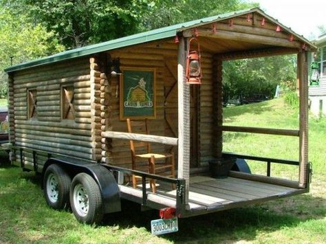 log cabin rv 17 Log Cabin Trailer Home, Cabin On Trailer, Traveling Boutique, Cabin Trailer, Cabin On Wheels, Cabin Porches, Homemade Camper, Tiny House Camper, Small Log Cabin