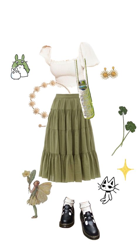 Green Fairycore Aesthetic, Green Maxi Skirt Outfit, Aesthetic Maxi Skirt, Fairycore Aesthetic Outfits, Long Skirt Aesthetic, Green Fairycore, Green Skirt Outfits, Maxi Skirt Outfit Summer, Fairycore Outfit