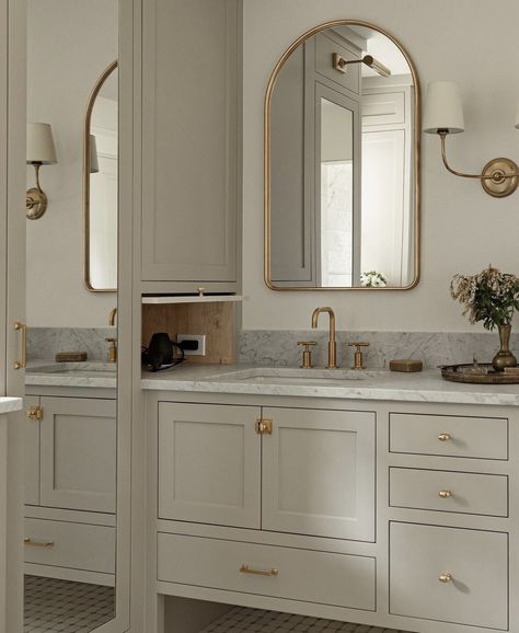 Bathroom Built Ins, Herringbone Bathroom, Taupe Bathroom, Suite Design, Bath Inspiration, Primary Suite, Vanity Design, Bathroom Units, Bathroom Update