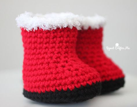 Crochet Santa Boots Free Pattern, Santa Boots Crochet, Newborn Santa Hat Crochet Free Pattern, Newborn Crochet Santa Hat Free Pattern, Infant Crochet Santa Hat Pattern, Crochet Newborn Santa Hat, Bernat Super Value Yarn, Baby Hat Free Pattern, Baby Booties Free Pattern