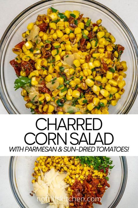 This charred corn salad is super delicious and a real breeze to make. It's sure to quickly become a summertime favourite. Recipe With Sun Dried Tomatoes, Charred Corn Salad, Easy Corn Recipes, Corn Salad Recipe, Charred Corn, Georgian Food, Corn Dishes, Corn Salad Recipes, Summer Side Dishes