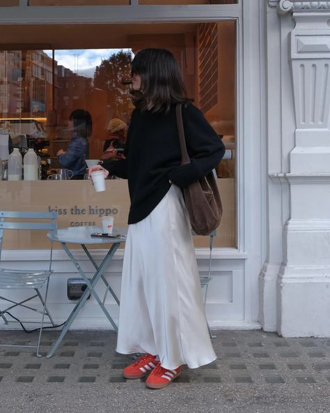 5 Chic But Chill Outfits to Copy Now | Who What Wear Retro Trainers, Outfits To Copy, Casual Preppy Outfits, Skirt Trends, Full Skirts, Best Shoes, Satin Midi Skirt, Los Angeles Style, Chill Outfits