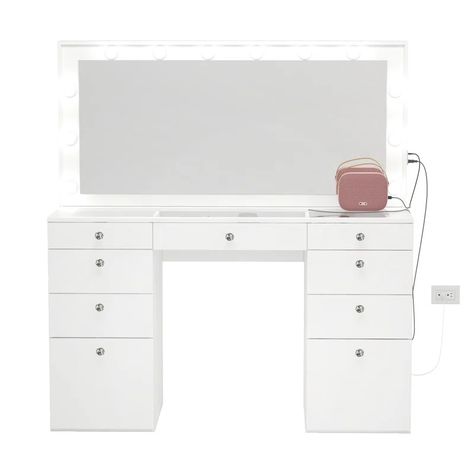 Hokku Designs Fauniel Vanity & Reviews | Wayfair White Desk With Drawers, Hollywood Bedroom, Hollywood Mirror With Lights, Glass Top Vanity, White Dressing Table, Makeup Vanity Mirror With Lights, Makeup Vanity Lighting, Makeup Vanity Desk, White Dressing Tables