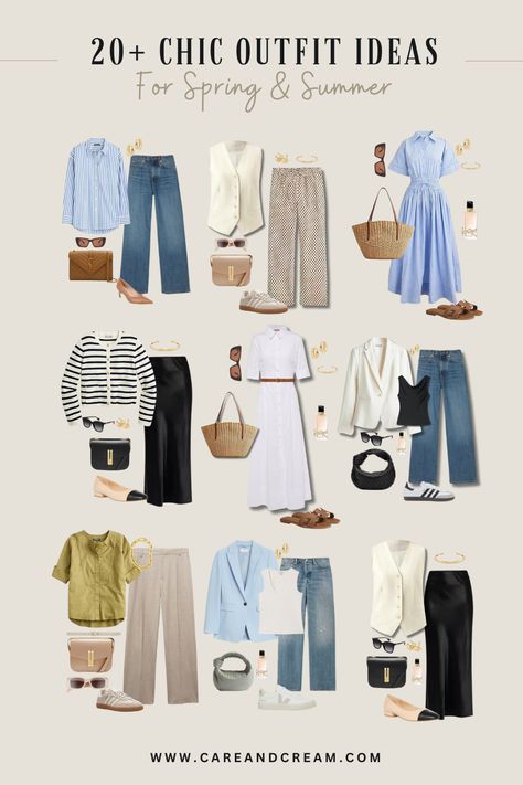 Looking for cute outfits for summer and spring? Check out these 20+ casual chic spring and summer outfit ideas to inspire your wardrobe. Plus: summer outfits, summer outfit inspo, summer looks, spring outfits, cute summer/spring outfits. Elegant Summer Outfits Plus Size, Uk Holiday Outfits, Minimal Casual Style, Summer Looks 2024 Women, Spring Looks 2024, Spring Outfit Ideas 2024, Classy Casual Outfits Summer, Cool Spring Day Outfit, Summer Outfit Capsule