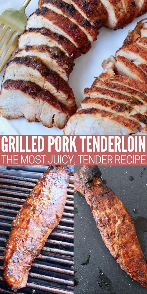 With just 3 ingredients and less than 30 minutes, make a juicy, tender Grilled Pork Tenderloin with this easy recipe! A lean pork tenderloin is coated in a flavorful bbq rub, tossed on the grill, then finished with either bbq sauce or pepper jelly for the best pork ever! Pork Tenderloin On Bbq, Pork Tenderloin On The Bbq, Pork Tenderloin Recipes Bbq Grilled, Pork Tenderloin Recipes On Grill, Pork Tenderloin Marinade For The Grill, Pork Tenderloin Bbq Grilled, Pork Tenderloin Recipes On The Grill, Pork Tenderloin Rub Recipes, Bbq Pork Tenderloin Recipes