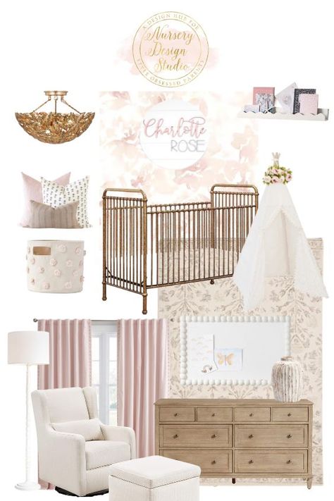 Portfolio - Nursery Design Studio Rose Theme Nursery, French Country Nursery, Floral Baby Nursery, Nursery Design Board, Country Nursery, Blush Nursery, Pink Crib, Rose Nursery, Gold Nursery