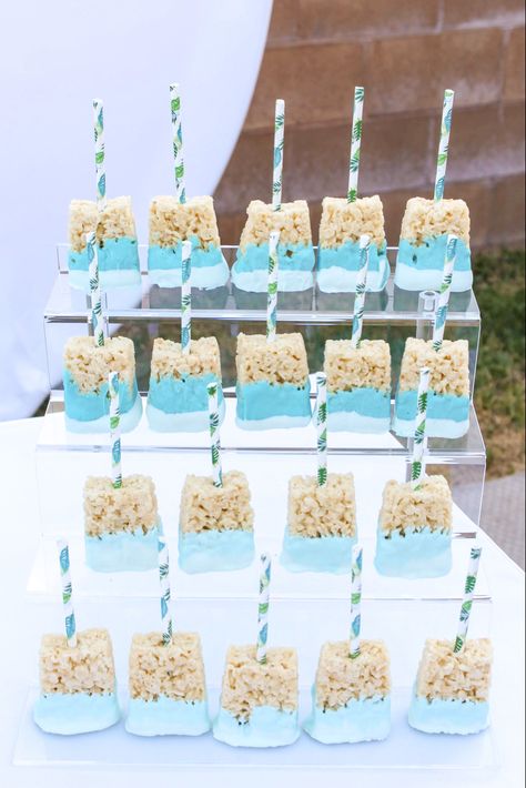 Surf Party Desserts, Surfer Party Favors, My First Wave Birthday, 1st Birthday Wave Theme, Swimming First Birthday Party, Surf Party Dessert Table, The Big One Birthday Food Ideas, Beach Themed One Year Old Party, The Big One Wave First Birthday Food