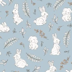 Romantic boho bunny garden rabbits and leaves vintage style freehand illustration easter design white rust on moody blue by littlesmilemakers, click to purchase fabric Pink Nursery Wallpaper, Boho Bunny, Easter Hare, Orange Nursery, Boho Easter, Mint Nursery, Bunny Garden, Leaves Vintage, Baby Rabbit