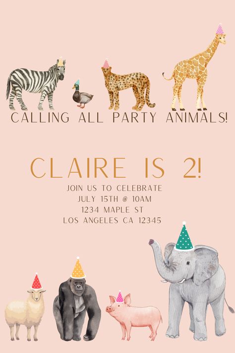 Adorable "Party Animal" invitation for babies to big kids! Animals With Makeup, Party Animal Invitation, Animal Party Invitations, Animal Invitation, Bow Invitation, Gala Ideas, Invite Ideas, Safari Birthday Party, Party Animals