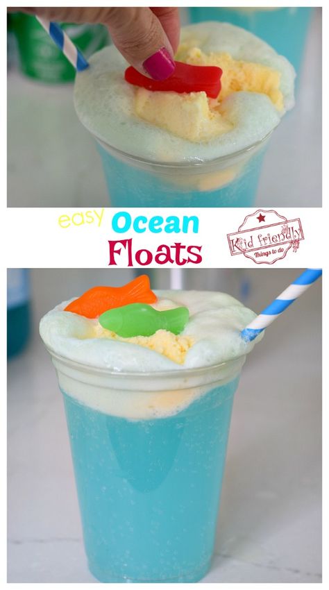 Delicious and easy to make Ice Cream Floats for kids. Ocean Ice Cream Floats are the perfect fun summer drink to cool off with. www.kidfriendlythingstodo.com #icecream #floats #ocean #shark #fish #summer #drink #easy #kids Summer Themed Snacks For Kids, Shark Week Snack Ideas, Preschool Food Activities Easy Recipes, Last Day Of School Snacks For Kids, Water Theme Snacks, Fun Summer Snacks For Kids To Make, Beach Theme Snacks For Preschool, Beach Desserts For Kids, Shark Week Snacks For Kids