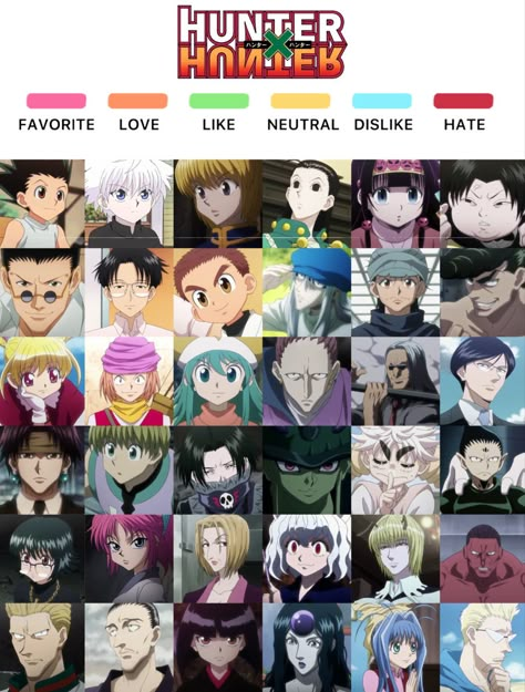 hunter x hunter character bingo chart || fav, love, like, neutral, dislike, hate Most Hated Anime Characters, Hunter Hunter Characters, Bingo Chart, Hunter X Hunter Poster, Hunter X Hunter Characters, Character Bingo, Hunter X Hunter Oc, Hunter X Hunter Figures, Hunter X Hunter Wallpapers