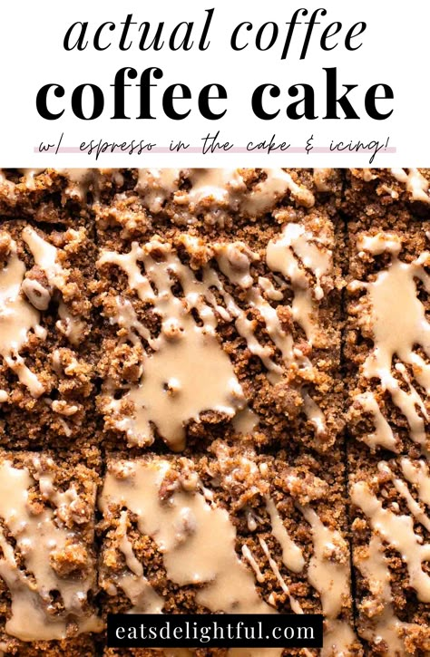 actual coffee coffee cake overhead image of iced and sliced cake Coffee Cake With Espresso, Baking Recipes With Coffee, Coffee Cake Layer Cake, Creamy Jammy Coffee Cakes, Pecan Pie Coffee Cake, Espresso Coffee Cake Recipes, Pecan Pie Coffee Cake Recipe, Coffee Soaked Cake, Coffee Crisp Cake