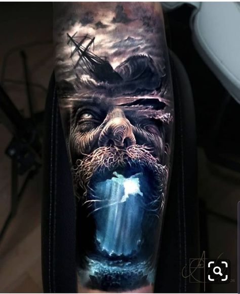 Arlo Tattoo, Kurt Tattoo, Underwater Tattoo, Tato 3d, Poseidon Tattoo, Pirate Tattoo, Nautical Tattoo, Inspiration Tattoos, Mythology Tattoos