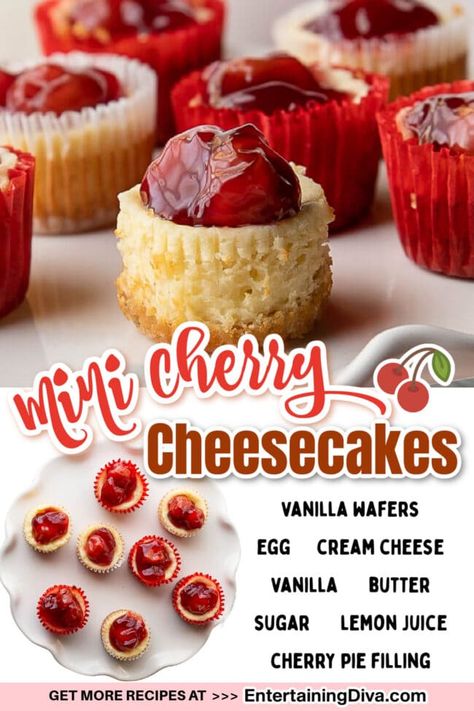 Looking for a quick and easy appetizer recipe? Make these delicious mini cherry cheesecakes with a vanilla wafer crust. They taste just like a traditional cheesecake! Traditional Cheesecake, Cheesecake Cupcakes Recipe, Mini Cherry Cheesecakes, Cherry Cheesecake Recipe, Vanilla Wafer Crust, Vanilla Wafer, Cheesecake Tarts, Mini Cheesecake Recipes, Cherry Sauce