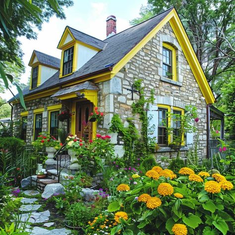 20+ Lemon Zest and Quarry Stone House Outer Colour Combinations for Bright Facades • 333+ Images • [ArtFacade] House Outer Colour, Classic Facade, Enchanted Cottage, Rural Architecture, Farmhouse Architecture, Traditional Cottage, Stone Facade, Quaint Cottage, Modern Farmhouse Exterior