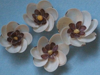 Shell Flowers  - Seashells And Wood - Supplies for Shell Art & Sailors Valentiness Shells Ideas, Seashell Identification, Shell Mirrors, Ocean Stuff, Diy Popsicle Stick Crafts, Sea Shells Diy, Pistachio Shells, Diy Beach Decor, Beach Glass Crafts