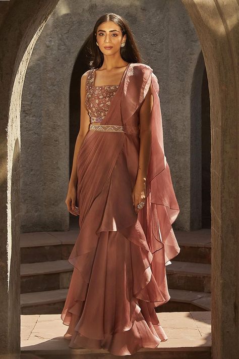 Buy #mauve pre-stitched #saree with #ruffle border. Comes with embroidered #blouse and belt by #RadhikaAndRaghav at #AzaFashions Shop online now at #Azafashions.com Call +12132135273 or email contactus@azafashions.com for enquiries. #wedding #festive #ethnic #tradional #shopping #shoponline #party #reception #bride Stitched Saree, Organza Embroidery, Ruffle Saree, Drape Saree, Indian Clothes, Blouse For Women, Purple Silk, Silk Organza, Saree With Blouse