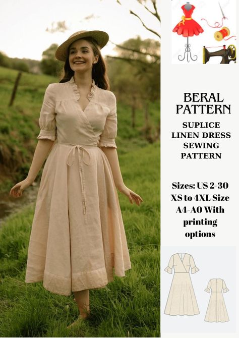 Linen Surplice Dress Sewing Pattern,Plus size sewing pattern-Ladies size US 2 to 30//XS to 4xlLetter-A4-A0 form paper sizes Linen Dress Pattern Free, Plus Size Dress Patterns, Historical Sewing Patterns, Tea Dress Pattern, Plus Size Linen Dress, Linen Dress Pattern, Plus Size Sewing Patterns, Princess Beauty, Retro Sewing Patterns