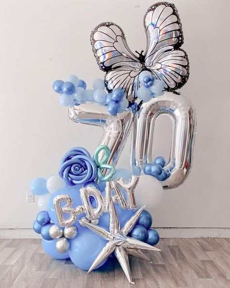 POParazzi • Utah Balloon Decor on Instagram: "70th 🦋💙 Custom balloons arrangement order for 70th birthday celebration 🥳🫧🥂🍾 Balloons Arrangement Design and Photos by: @poparazzicelebrationdesigns ———————————— 70 🦋💙 Pedido de arreglo de globos personalizados para celebración de los 70 años 🫧🥂🍾🥳 ———————————— #poparazzicelebrationdesigns #utahballoons #balloonsutah #saltlakecityballoons #balloonarrangement #balloonsbouquets #balloonmarquee #foilballoons #utahbirthday #utahparty #utahpart 70th Balloon Bouquet, Balloon Business, Butterfly Balloons, Qualatex Balloons, Celebration Balloons, Balloon Arrangements, Custom Balloons, Balloon Decor, Balloon Bouquet