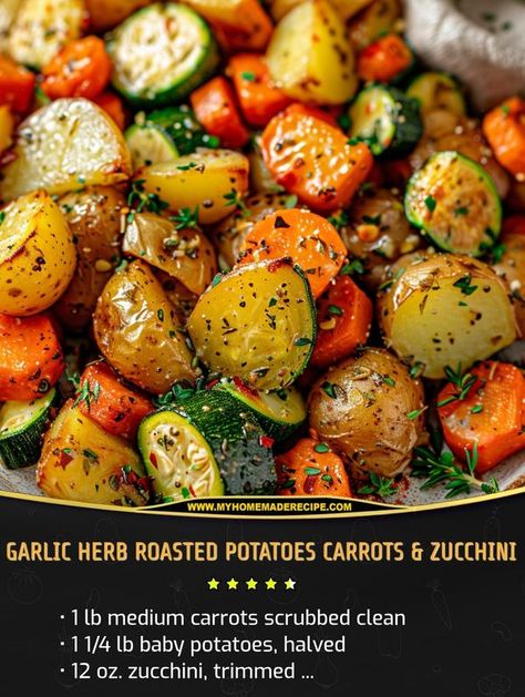 Easy and tasty recipes | Garlic Herb Roasted Potatoes Carrots and Zucchini | Facebook Carrots Onions Potatoes, Garlic Herb Roasted Potatoes And Carrots, Zucchini Thanksgiving Recipes, Garlic Herb Roasted Potatoes Carrots And Zucchini Recipe, Roasted Mixed Vegetables Oven, Zucchini Potato Recipes, Zucchini And Potato Recipes, Roasted Potatoes And Vegetables, Garlic Herb Roasted Potatoes