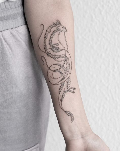 Spirited Away Haku a little same but different to the one I did years ago 🐉 . #Dragontattoo #Dragon #Tattoo #LineArt #ArmTattoo… | Instagram Haiku Dragon Tattoo, Haku Arm Tattoo, Dragon Lineart Tattoo, Haku Spine Tattoo, Haku Tattoo Arm, Simple Chinese Dragon Tattoo, Haku Tattoo Design, Women Neck Tattoo Ideas, Haku Dragon Tattoo