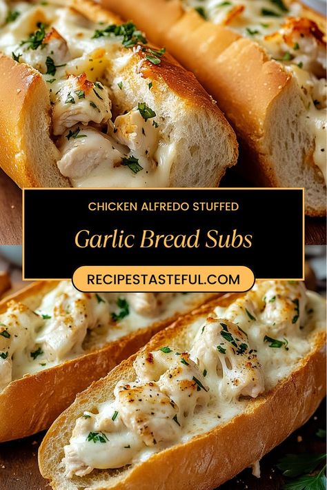 Indulge in these delicious Chicken Alfredo Stuffed Garlic Bread Subs, featuring tender grilled chicken smothered in creamy Alfredo sauce, all nestled in buttery garlic bread. Perfect for a hearty meal any day of the week! Stuffed Garlic Bread, Supper Meals, Chicken Smothered, Hot Sandwiches, Creamy Alfredo Sauce, Grilled Chicken Tenders, Hot Sandwich, Food To Cook, Supper Recipes