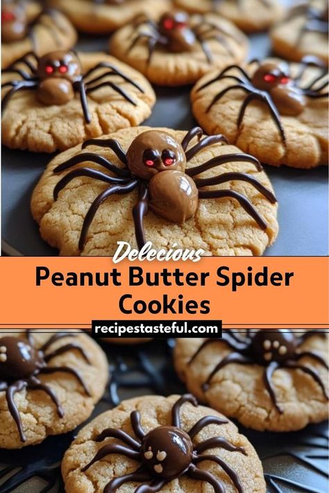 Peanut Butter Spider Cookies are a fun and spooky treat perfect for Halloween. These cookies feature a creamy peanut butter base topped with Whoppers to create a spider shape, with chocolate legs and candy eyes adding the finishing touch. Spider Cookies Halloween, Peanut Butter Spider Cookies, Peanut Butter Blossom, Candy Eyes, Spider Cookies, Candy Eyeballs, Chewy Peanut Butter Cookies, Spider Legs, Peanut Butter Blossoms